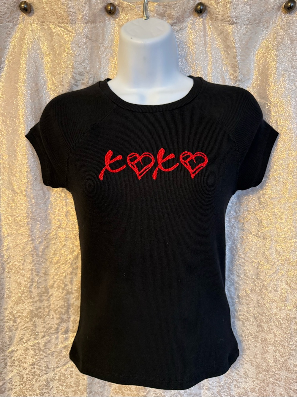 Black Tee with Red Heart Script Embroidery